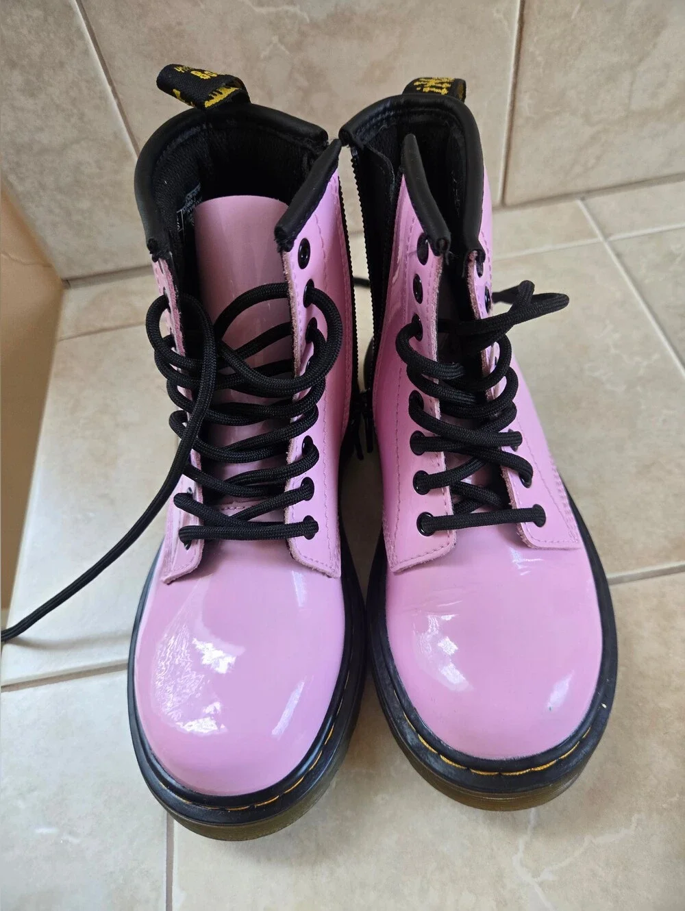 Girls Pink Patent Lace-Up Combat Boots
